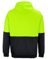 A bright hi-vis yellow and black hoodie with a hood, featuring a panelled design and a logo on the back.