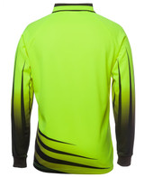 A long-sleeve polo shirt in high visibility green with a gradient design fading to black on the sleeves. Features a logo.