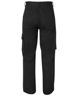 Black cargo pants featuring multi pockets, with a logo on the back. View shows the rear design and fit.