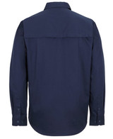 A navy long-sleeve work shirt with a close front design and a back yoke, featuring buttons on the cuffs.