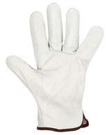 A white leather glove with a brown cuff, designed as part of a 12-pack of premium rigger gloves.