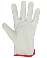 A grey leather glove with a red trim, featuring a palm and finger design, suitable for various tasks.