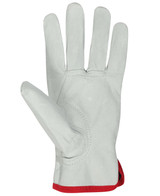 A pair of black and natural gloves with a vented design and red trim, featuring a textured palm.