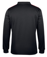 A black long-sleeve polo shirt featuring a subtle texture and red accents on the shoulder, with a logo present.