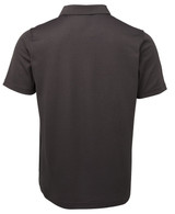 A back view of a gunmetal grey polo shirt with a collar, featuring a logo at the back.