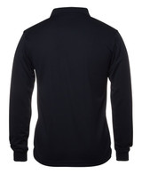 A black long-sleeve polo shirt featuring a collar and fitted design, with a logo on the front.