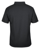 A black polo shirt with a waffle texture, featuring a collar and short sleeves, and a logo on the back.