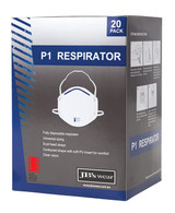 A box containing 20 P1 respirators, featuring a white mask design with dual head straps and a clear vision shape.