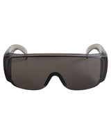 Sleek black sunglasses with wraparound design and grey tinted lenses. Features a logo on the frame.