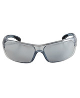 Blue and silver mirrored sunglasses with a sleek design and a logo on the side.