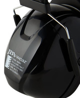 A black ear muff with a glossy finish, featuring a logo and metallic hinges, designed for noise reduction.