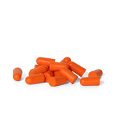 A collection of orange bullet-shaped earplugs scattered on a white surface.