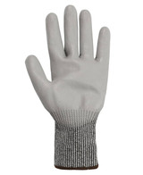 Breathable cut-resistant glove in grey with a knitted wrist, featuring a textured palm for grip.