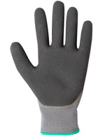 A grey glove with a smooth latex coating and a textured wrist section, featuring a logo.