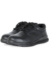 A black lace-up steeltoe shoe with a casual design, featuring a textured upper and a thick sole.