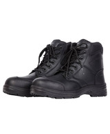 A pair of black composite toe 5” zip boots featuring lace-up design and a sturdy sole. Equipped with a logo.
