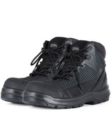 A pair of black and grey safety boots featuring a logo, with a sturdy design and high-top style.