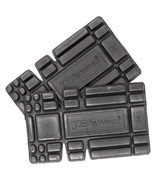 A pair of grey adjustable sizing knee pads with a textured surface, featuring a logo.