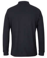 A black long-sleeve polo shirt featuring a collar and a branding logo. The back view is displayed.
