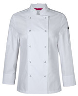 A white long-sleeved chef's jacket with snap buttons and a logo on the sleeve.