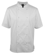 A white short-sleeve chef's jacket featuring snap buttons and a mandarin collar, with a branding logo.
