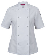 A white short-sleeve chef's jacket with snap button closures and a logo on the sleeve.