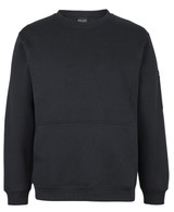 A dark green crew neck fleece jumper with a front pocket and a logo on the sleeve.