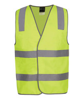 A safety vest in bright lime with reflective grey stripes and a logo. Ideal for visibility in work environments.