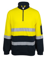 A high-visibility fleece jumper in bright yellow and navy, featuring reflective stripes and a half zip.