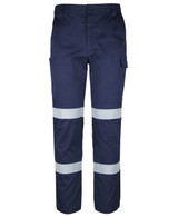 A pair of navy cargo pants featuring reflective D+N tape, with multiple pockets and a logo on the waistband.