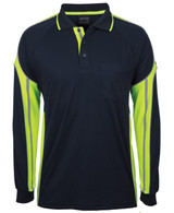 Long sleeve polo shirt in navy and high-visibility yellow, featuring a front pocket and logo branding.