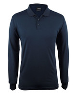 A long-sleeved navy blue polo shirt featuring a collar and three buttons, with a logo on the chest area.