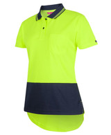 A bright yellow and navy drop-tail polo shirt featuring a pocket and a logo. Ideal for workwear.