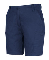 Ladies' multi-pocket stretch twill shorts in navy, featuring two side pockets and two cargo pockets.