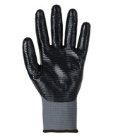 A grey and black nitrile gripper glove with a textured surface and a knitted wrist cuff. Features a logo.