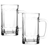 A set of two clear glass beer mugs, each with a sturdy handle and traditional design.