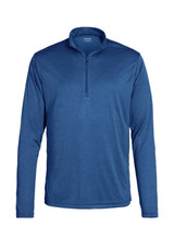 A men's long-sleeve polo top in a deep blue colour with a quarter zip and a collar. It features a branding logo.