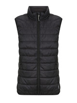 A black puffer vest for women featuring a high collar and zip front, with an attached logo.