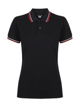 A black ladies polo shirt with a collar and striped detailing in red and white. It features a logo on the chest.
