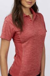 A red ladies' polo shirt featuring a textured design and a collar. It has a fitted silhouette and includes a branding logo.