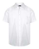 A white short sleeve button-up shirt with a single chest pocket and a brand logo.