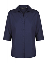 A navy blue ladies' button-up shirt with 3/4 sleeves and a collar, featuring a logo on the label.
