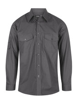 A dark grey long sleeve button-up shirt with two chest pockets and a sleeve pocket, featuring a logo.