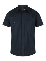 A dark green men's short sleeve button-up shirt featuring two chest pockets and a logo.