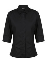 A black ladies' 3/4 sleeve button-up shirt with a fitted design and collar, featuring a logo.