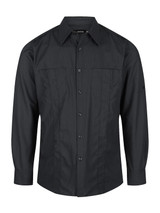 A black long sleeve button-up shirt featuring a collar and front button closure, with a logo on the sleeve.