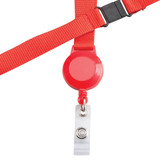 A red retractable badge holder with a clear strap, featuring a round reel and attached clip.