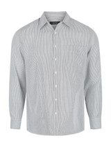 A long sleeve button-up shirt in a light grey striped pattern, featuring a chest pocket and a brand logo.