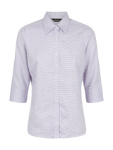 A ladies' 3/4 sleeve button-up shirt in a light purple check pattern, featuring a collar and branding.