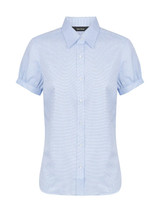 A short sleeve button-up shirt in light blue with a check pattern and a logo on the collar.